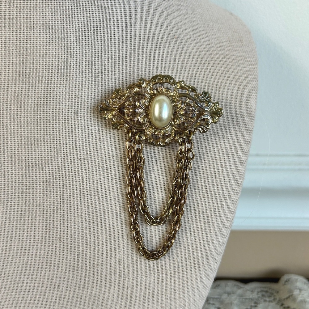 Vintage Gold Tone Filigree Faux Pearl Brooch with Draped Chains Victorian Style
